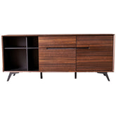 Casoria Sideboard featuring a modern black wood finish with a mix of concealed cabinets and open shelves, offering versatile storage for dining rooms, living rooms, or hallways.